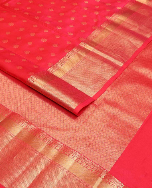 Red zari buttas Vasundhara silk mix saree, zari border of thilakam mokku,muthu,rudraksham & mayil kann & jaal pallu