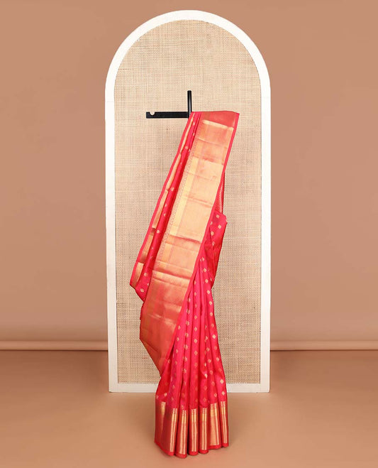 Red zari buttas Vasundhara silk mix saree, zari border of thilakam mokku,muthu,rudraksham & mayil kann & jaal pallu