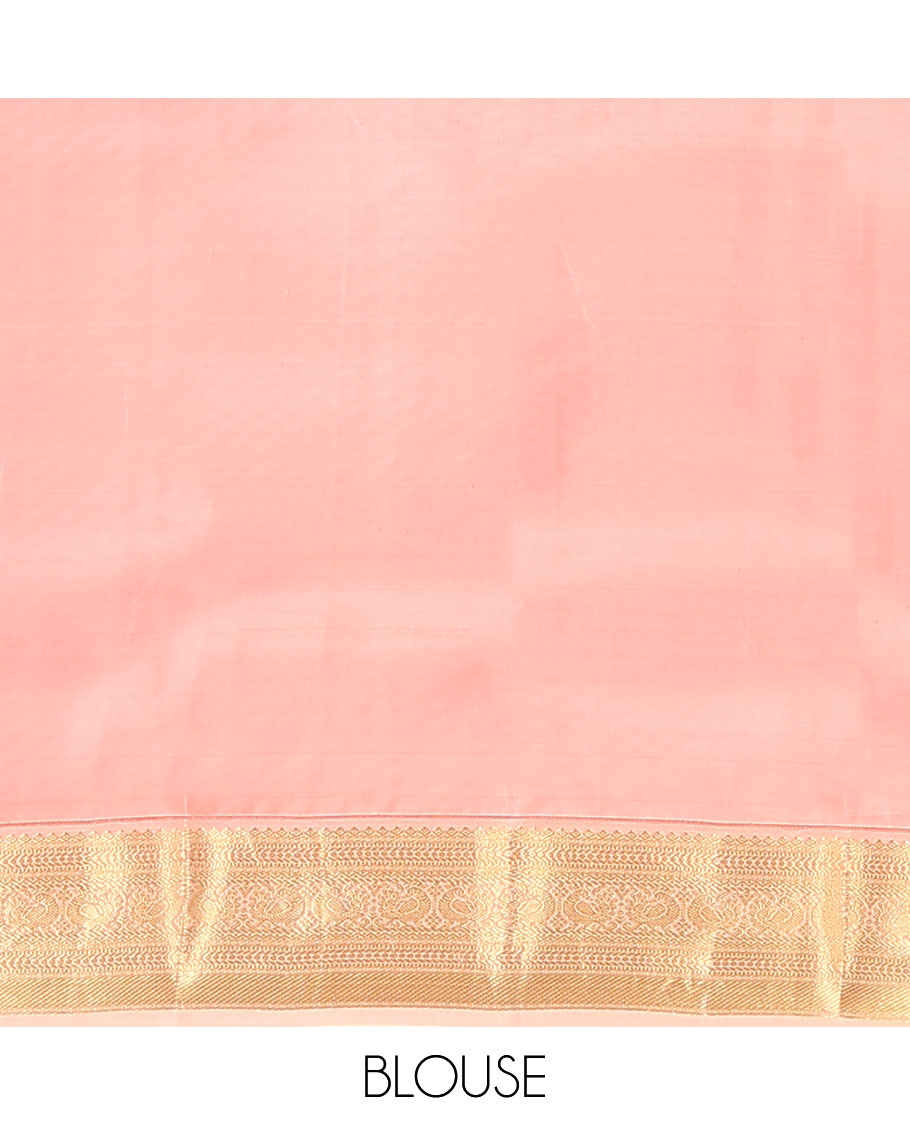 Brown Vasundhara Lite Silk Mix Saree, Prettified with Stripes, and Chakram Buttas, Complemented by a Contrast Border of Thilakam Mokku, Muthu, Banaras, Neli, and Mayil Designs, Pallu Steeped with Peacock Feather Designs, and Paired with a Contrast Blouse