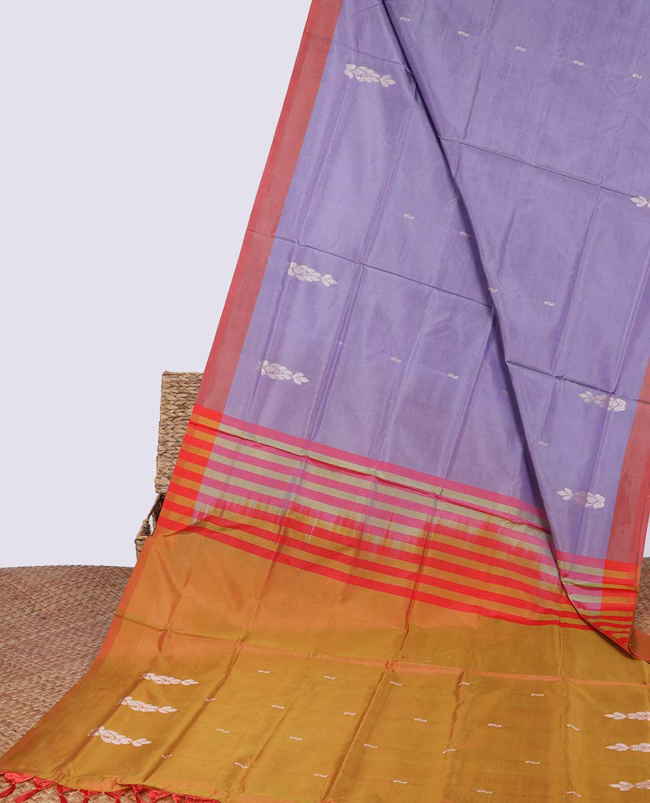 Violet floral motifs banana pith saree with contrast plain border & striped with floral motifs pallu