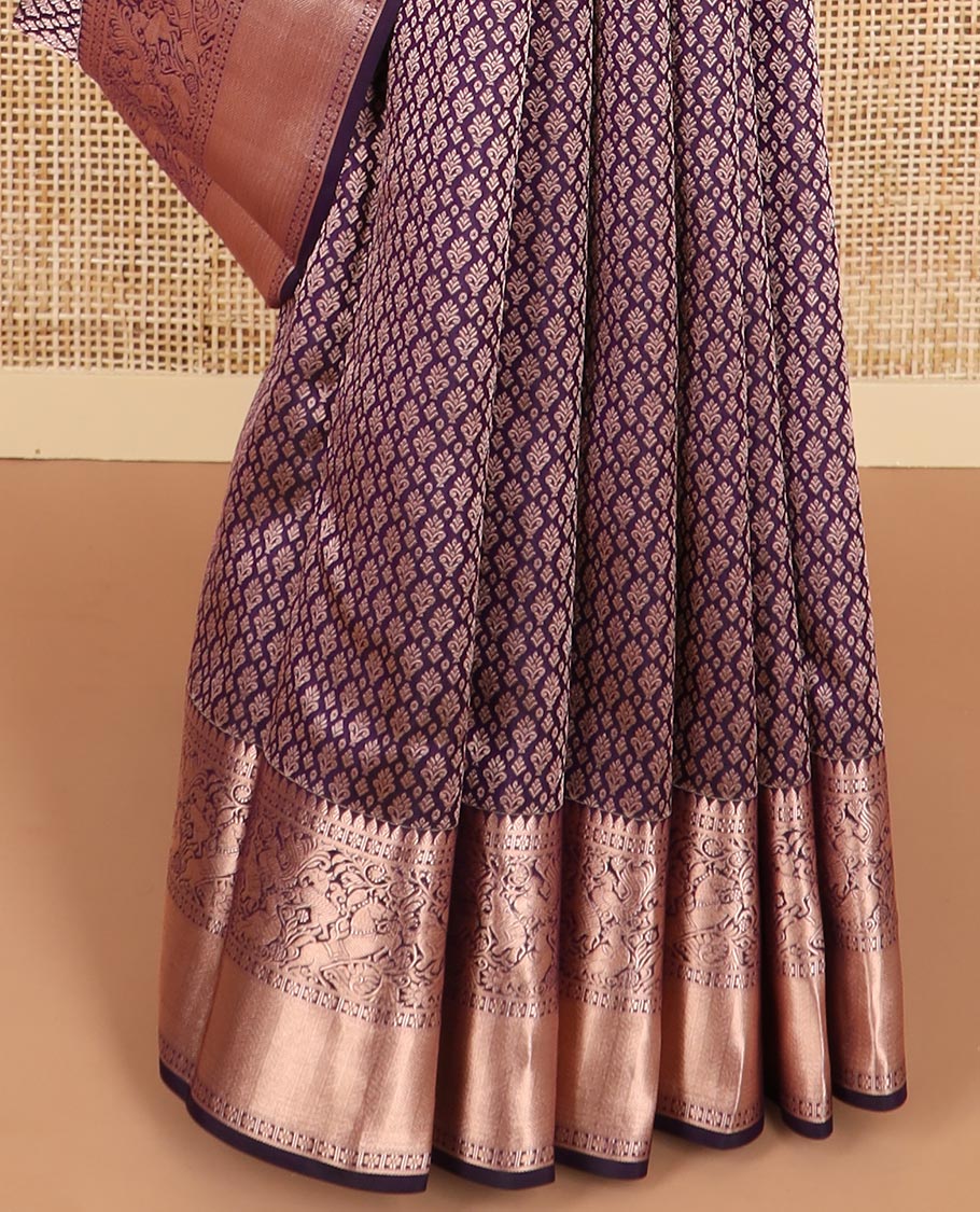 Violet floral jaal design kancheepuram silk saree with self floral design border & jaal design pallu