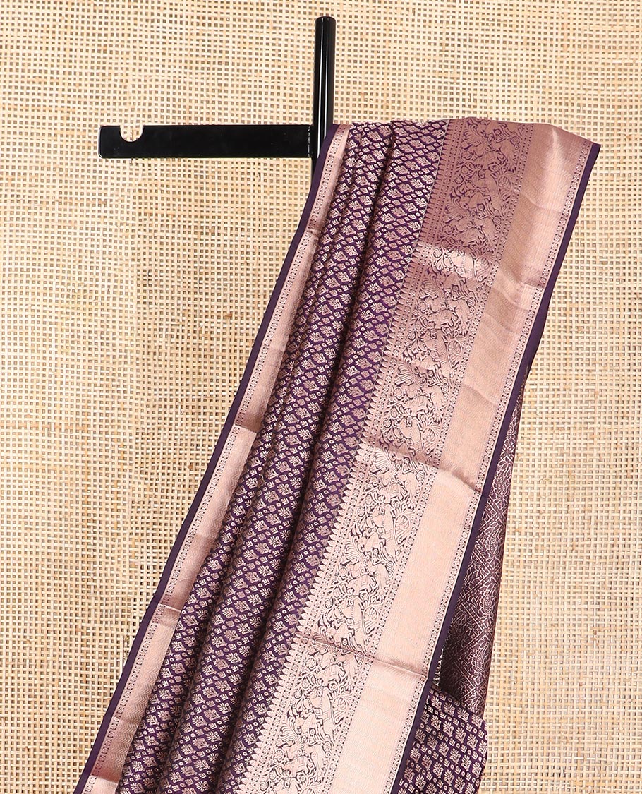 Violet floral jaal design kancheepuram silk saree with self floral design border & jaal design pallu