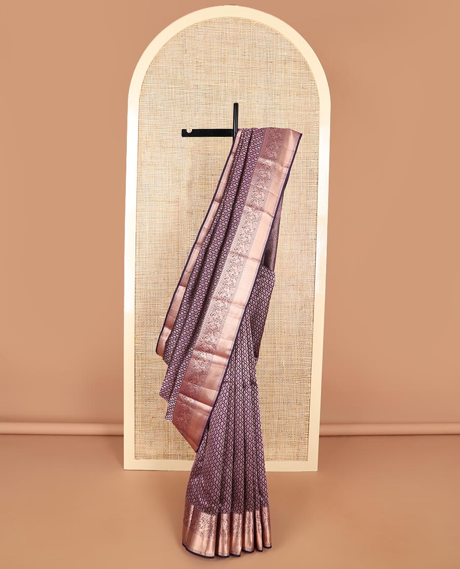 Violet floral jaal design kancheepuram silk saree with self floral design border & jaal design pallu
