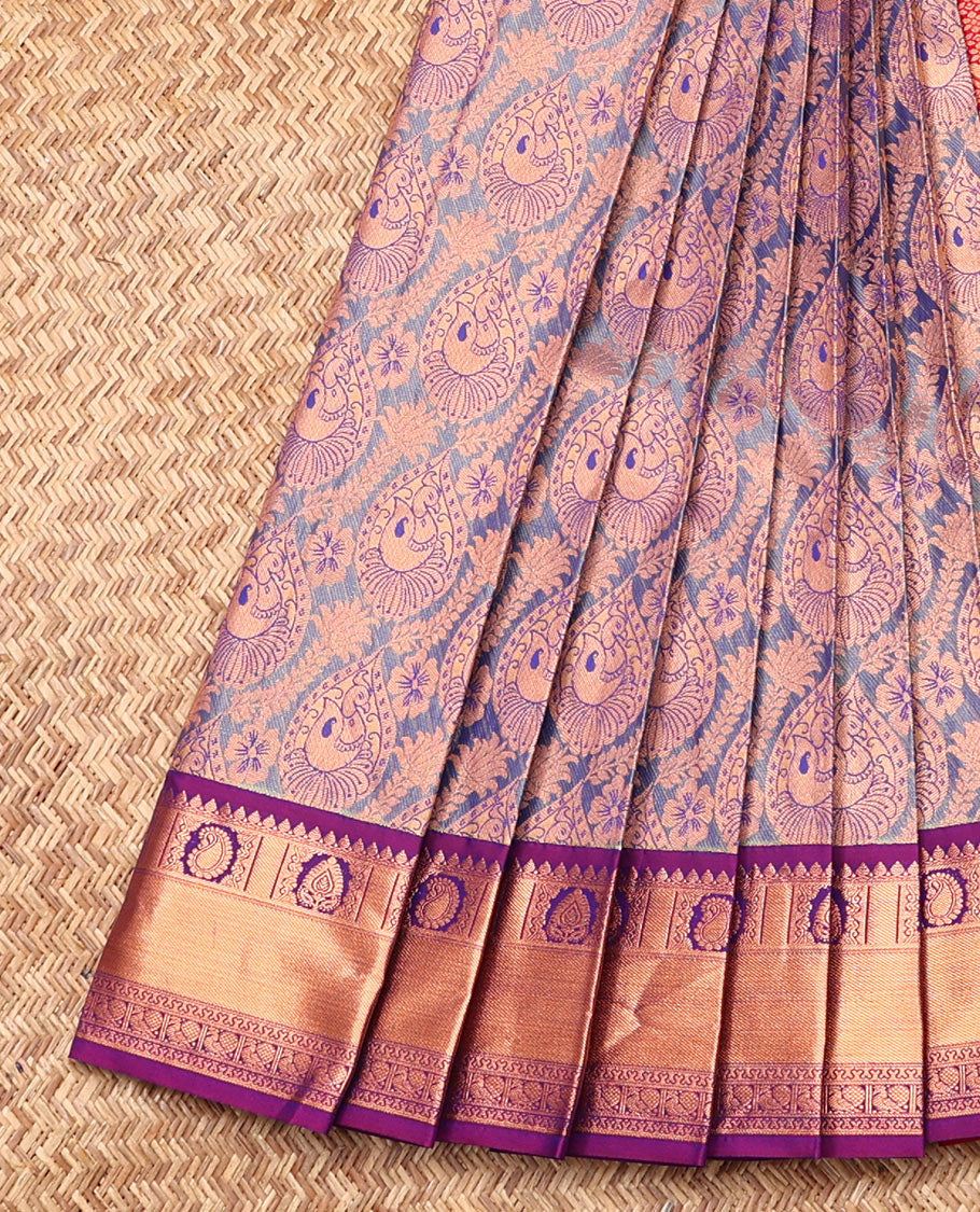Grey Budget Silk Saree, Spotlighted with Jacquard Design, Contrast Traditional Zari Border, Grand Pallu, and a Contrast Blouse