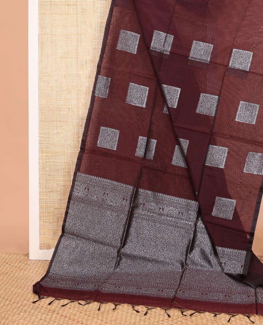 Borderless maroon square buttas woven semi-silk cotton saree, zari-rich jaal design pallu