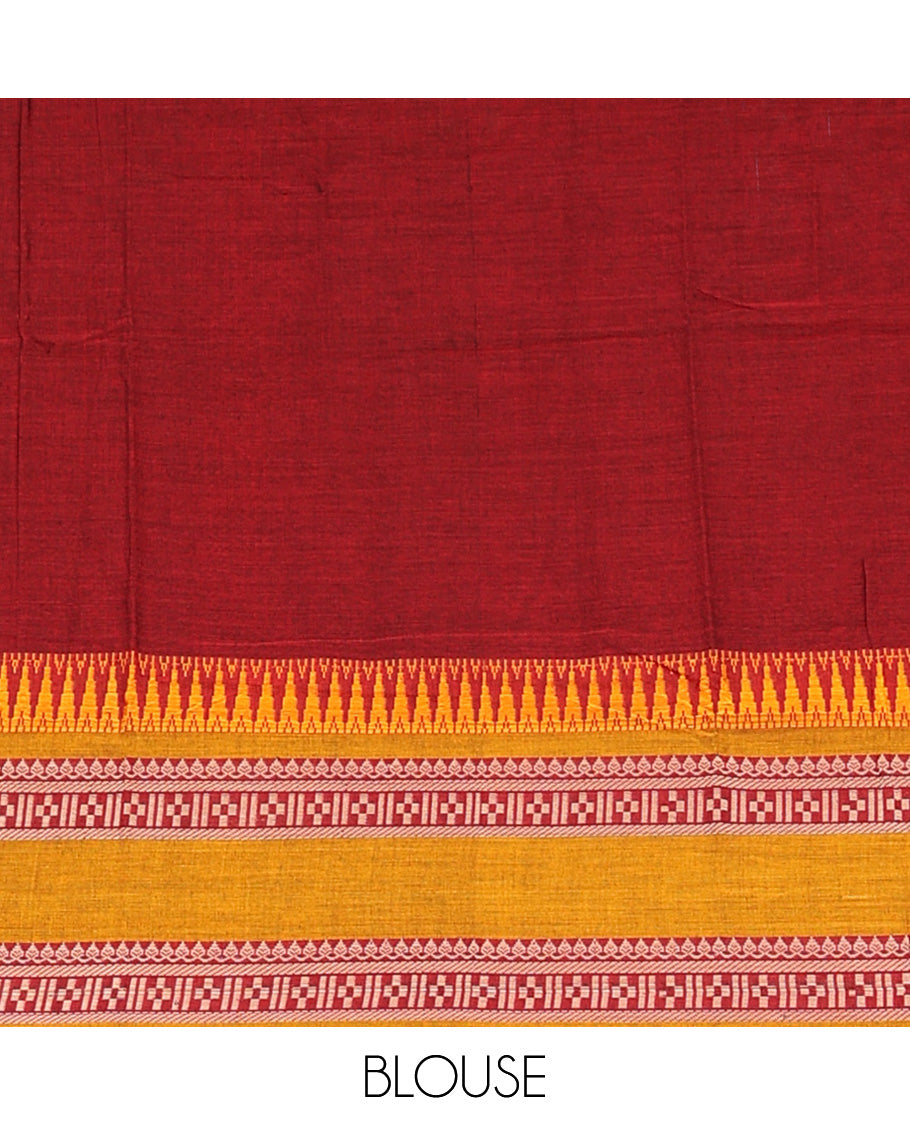 Maroon plain Narayanapet cotton saree, contrast temple rettai pettu traditional motifs woven border, and striped pallu