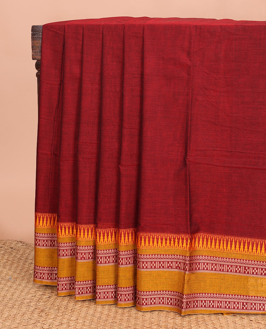 Maroon plain Narayanapet cotton saree, contrast temple rettai pettu traditional motifs woven border, and striped pallu