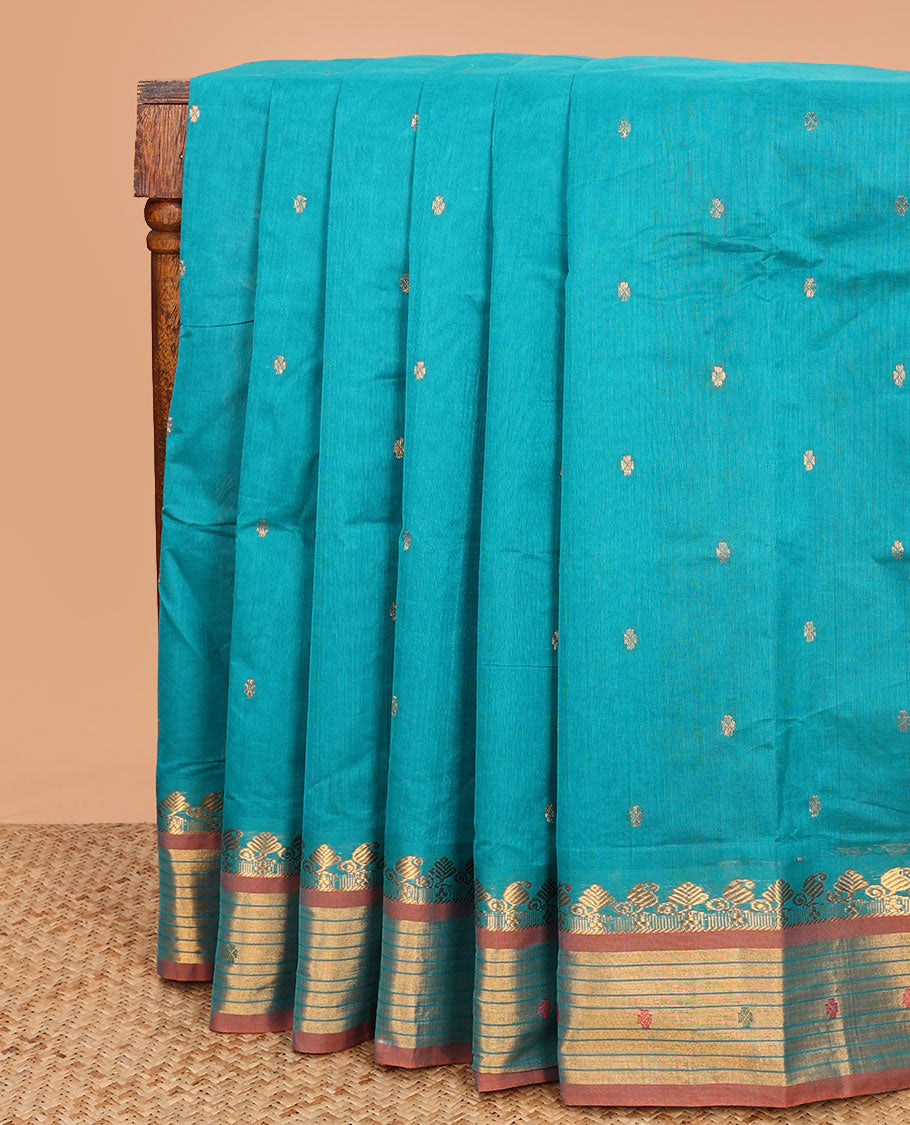 Blue zari buttas Venkatagiri cotton saree, contrast traditional zari border, and zari striped pallu