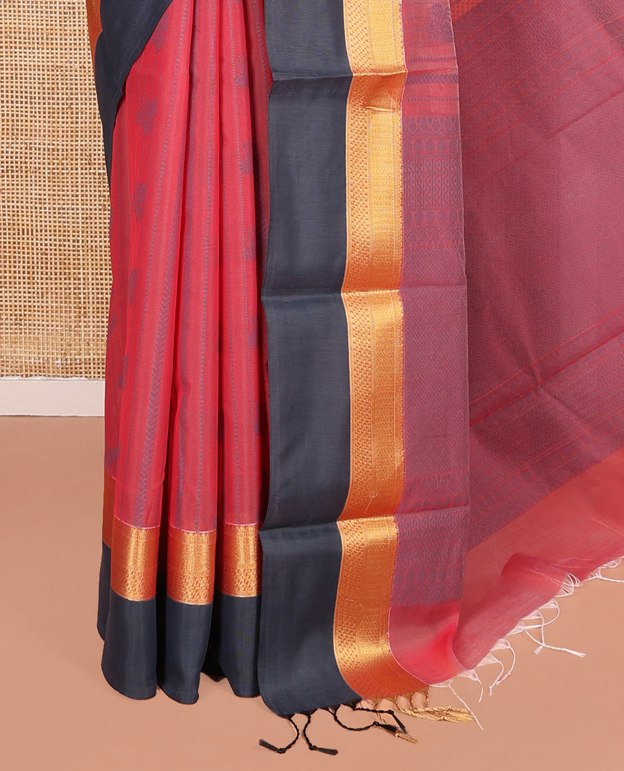 Red Semi-Silk Cotton Saree, Sparsely Woven with Buttas and Stripes All Over Its Body, Complemented by a Contrast Border of Traditional Zari Designs, Pallu of Jaal Designs, and Paired with a Matching Blouse