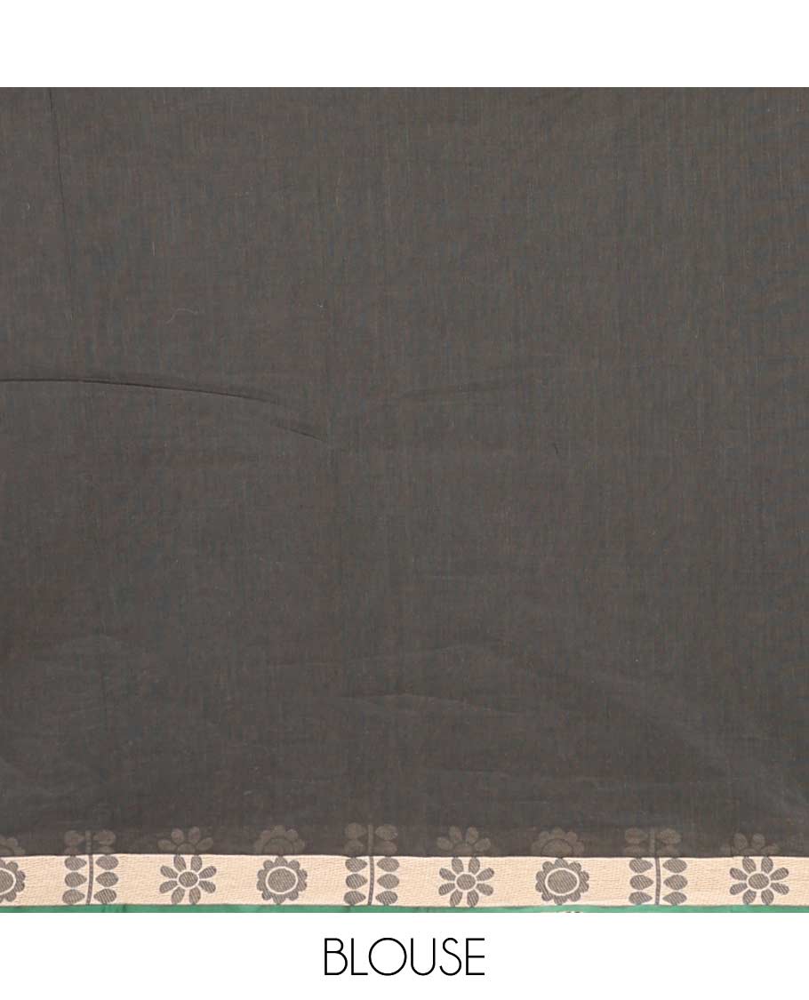 Dark grey floral stripes Coimbatore cotton saree, contrast butta border, and pallu steeped with traditional designs
