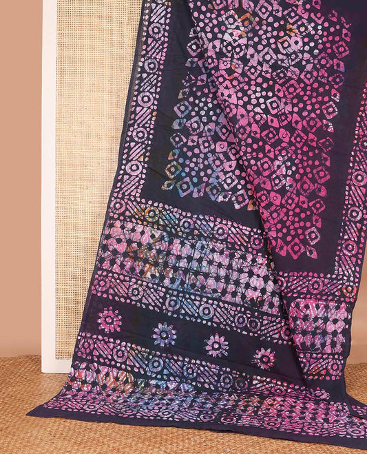 Multi-color geometric batik printed mul mul cotton saree, batik printed border, and pallu of batik print