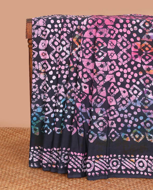 Multi-color geometric batik printed mul mul cotton saree, batik printed border, and pallu of batik print