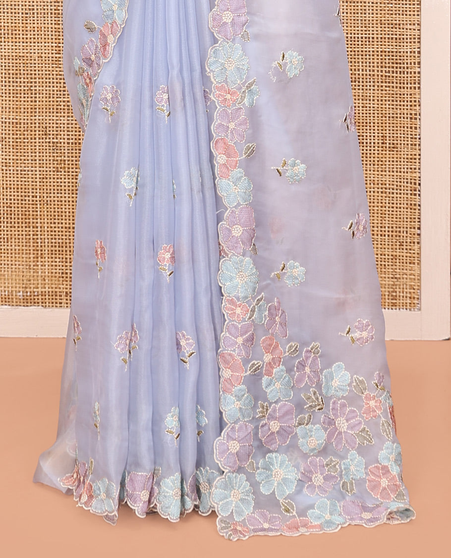 Lavender Organza Saree, Woven with Floral Embroidery, a Scalloped Floral Embroidery Border, and a Matching Blouse