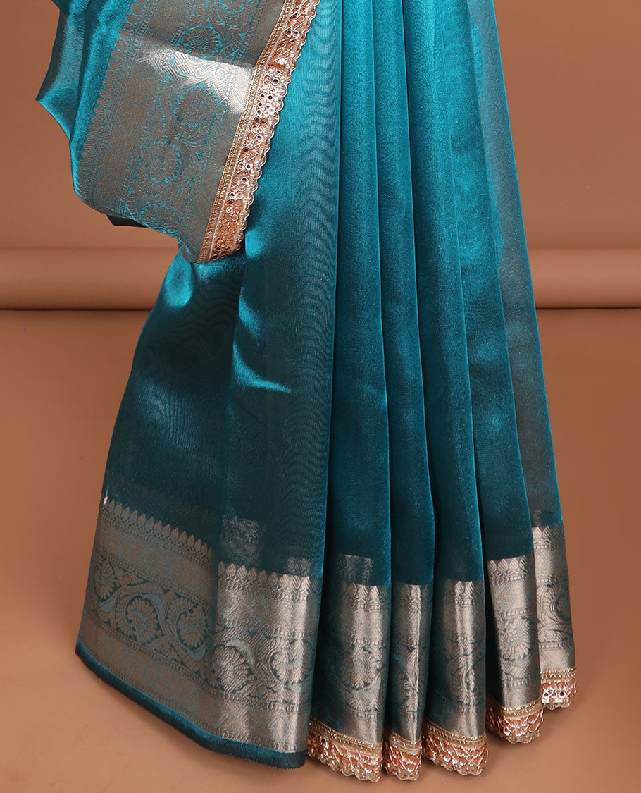 Blue tissue saree with self zari design border & intricate zari design pallu