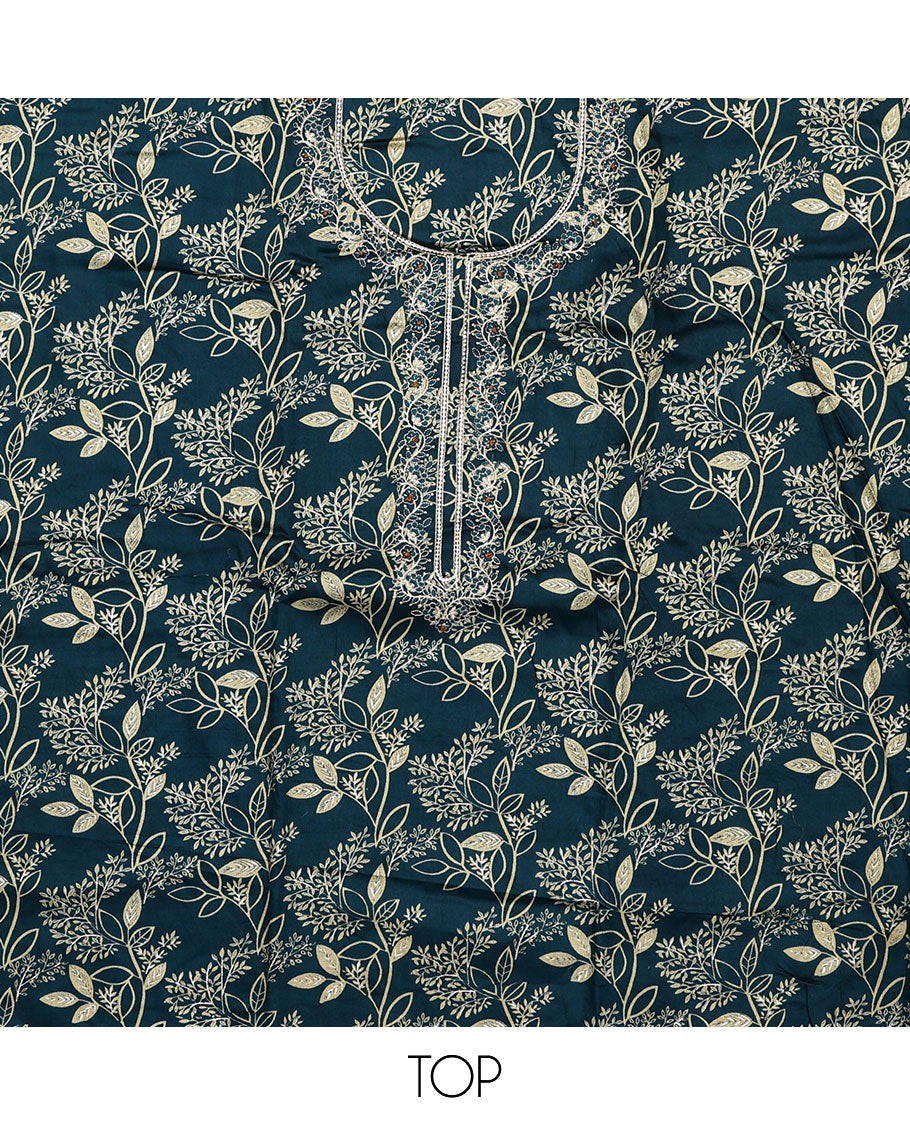 Blue material chudidar set, floral print with neck embroidered top, plain bottom, and a contrast floral printed dupatta