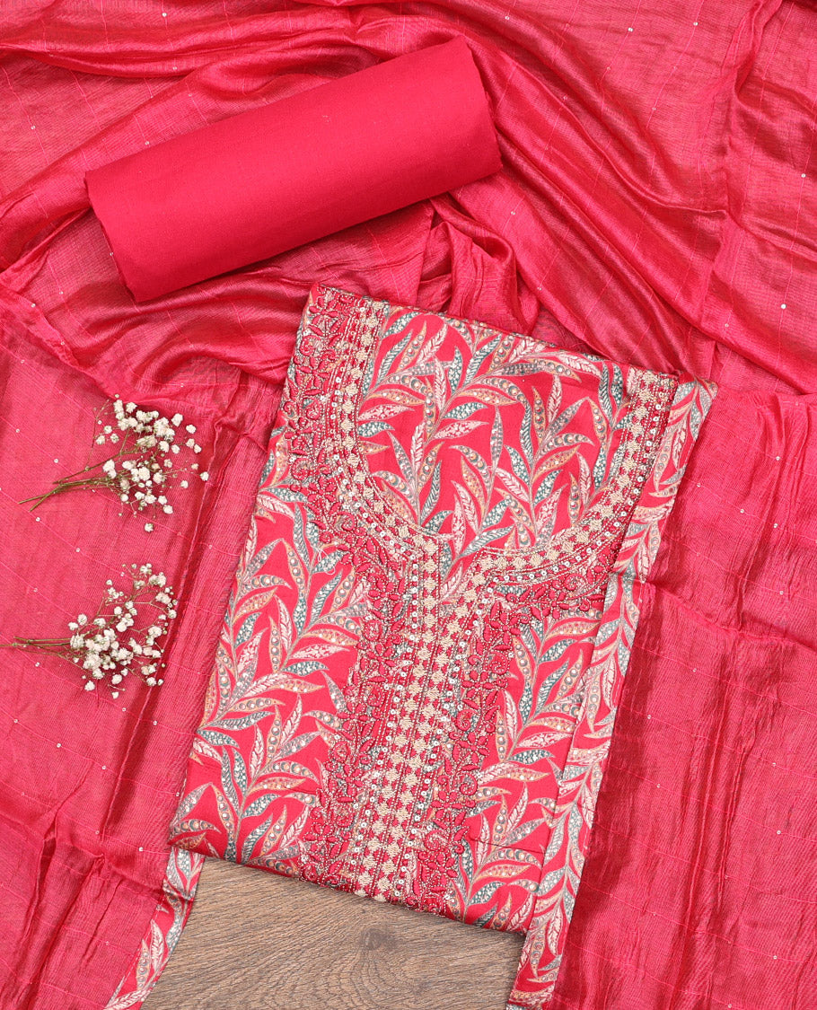 Pink Cotton Material Chudidar Set, Beautified with Leaf Motifs Print, and Embroidery on Its Cotton Top, a Plain Cotton Bottom, and Paired with Sequins Striped Dupatta