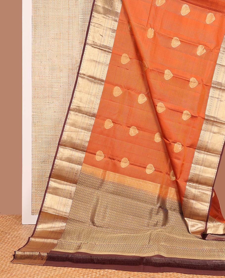 Orange zari buttas Vasundhara silk mix saree, contrast border of rekku, diamond, kamalam, and kodi visiry and intricate pallu