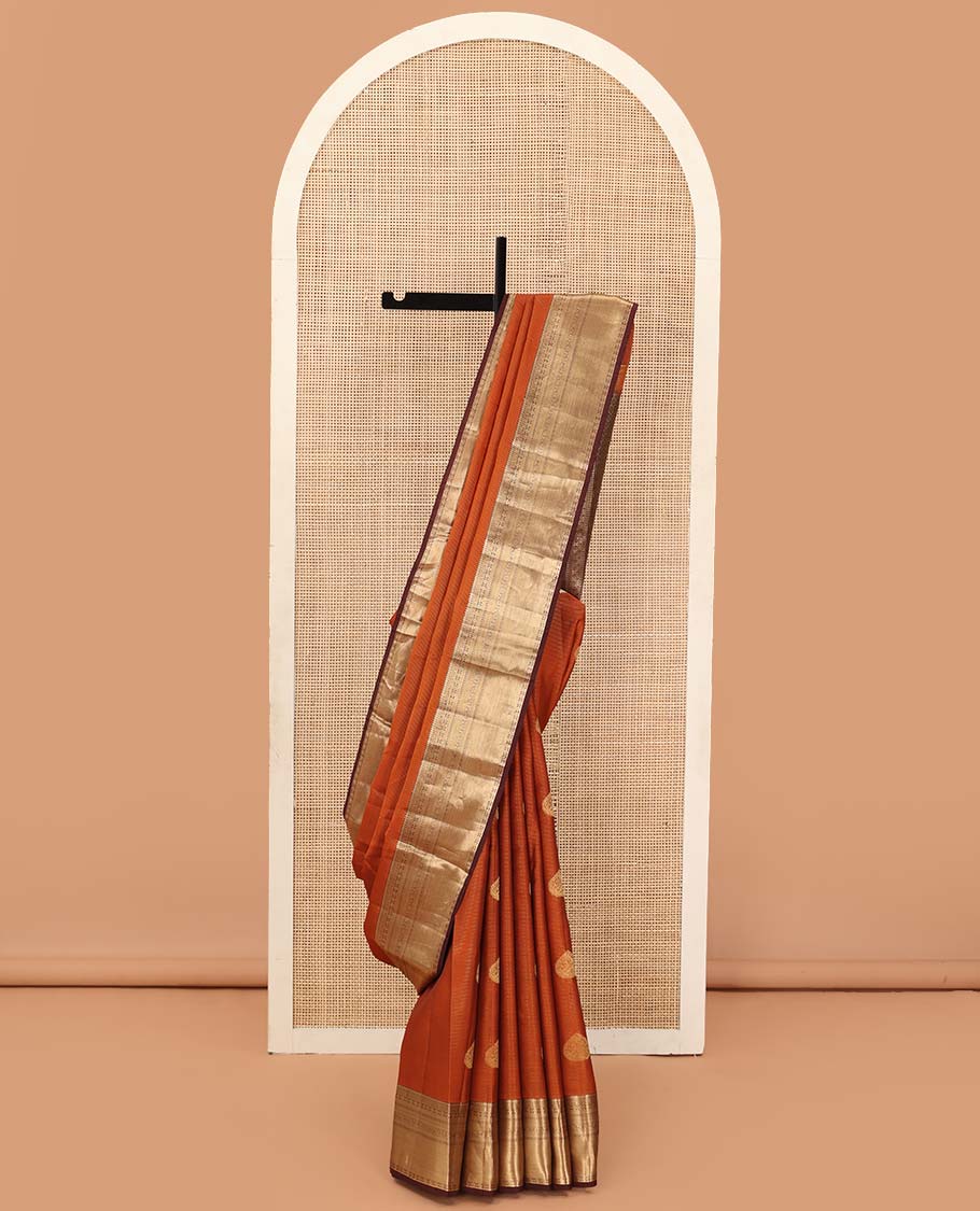 Orange zari buttas Vasundhara silk mix saree, contrast border of rekku, diamond, kamalam, and kodi visiry and intricate pallu