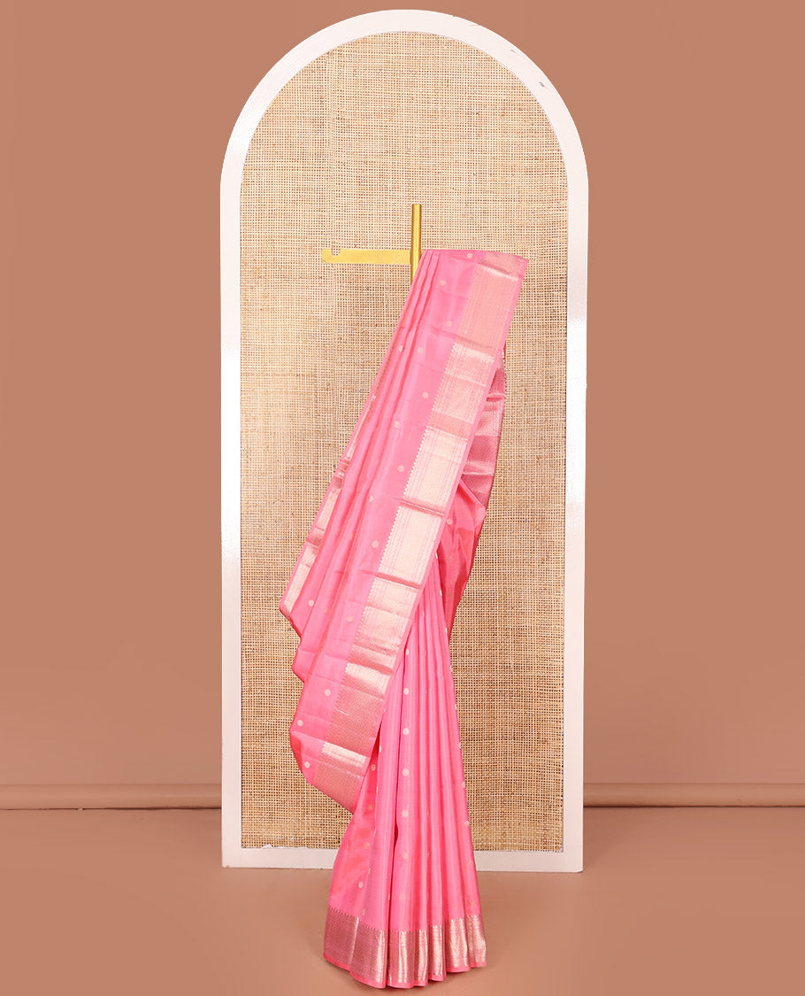 Pink Vasundhara Silk Saree Decked Up with Zari Buttas All Over Its Body, Complemented by Zari Border of Thilakam, and Jaal Designs, Subtly Woven Pallu of Circle Motifs, and Paired with a Matching Blouse