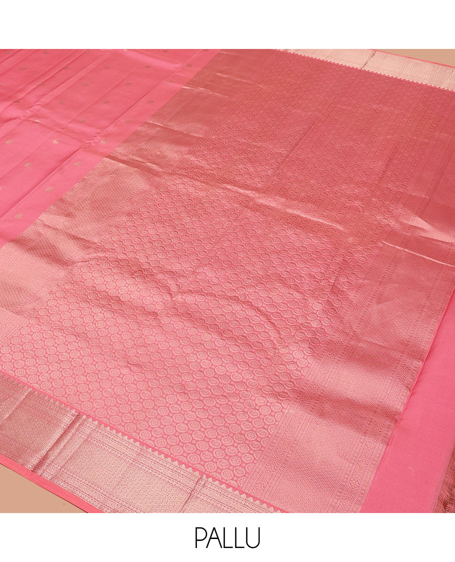 Pink Vasundhara Silk Saree Decked Up with Zari Buttas All Over Its Body, Complemented by Zari Border of Thilakam, and Jaal Designs, Subtly Woven Pallu of Circle Motifs, and Paired with a Matching Blouse