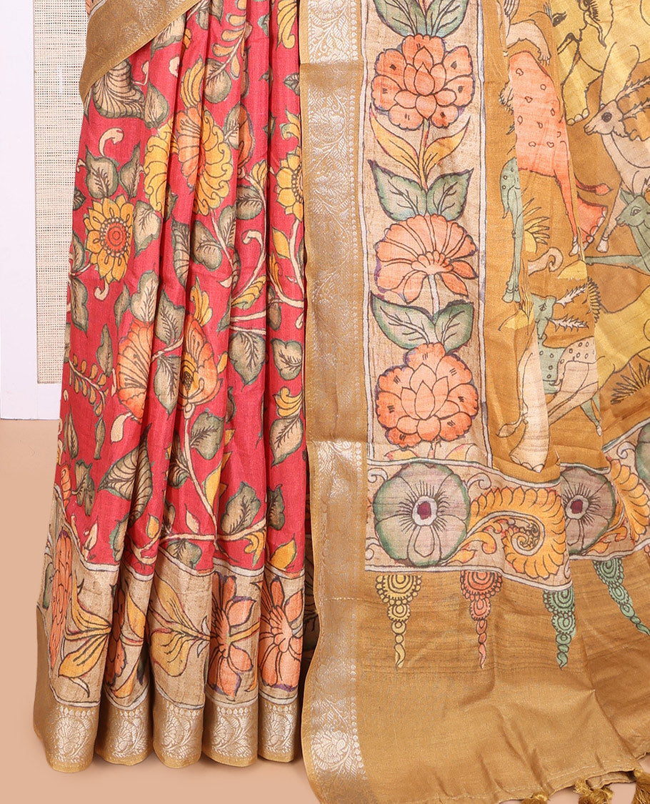 Red Kalamkari Printed Fancy Tussar Saree