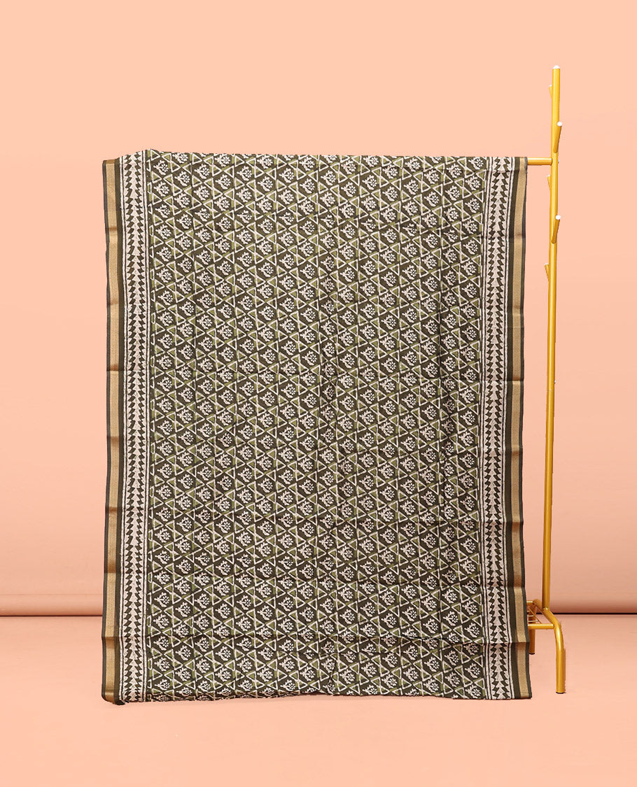 Green Kanchi Cotton Saree, Featuring Floral and Triangle Print All Over Its Body, a Subtle Border, Pallu of Floral Vine and Triangle Print, and Paired with a Contrast Blouse