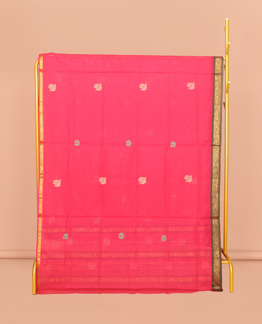 Red Venkatagiri Cotton Saree, Elevated with Peacock Buttas, a Contrast Traditional Zari Border, Pallu of Stripes and Buttas, and No Blouse