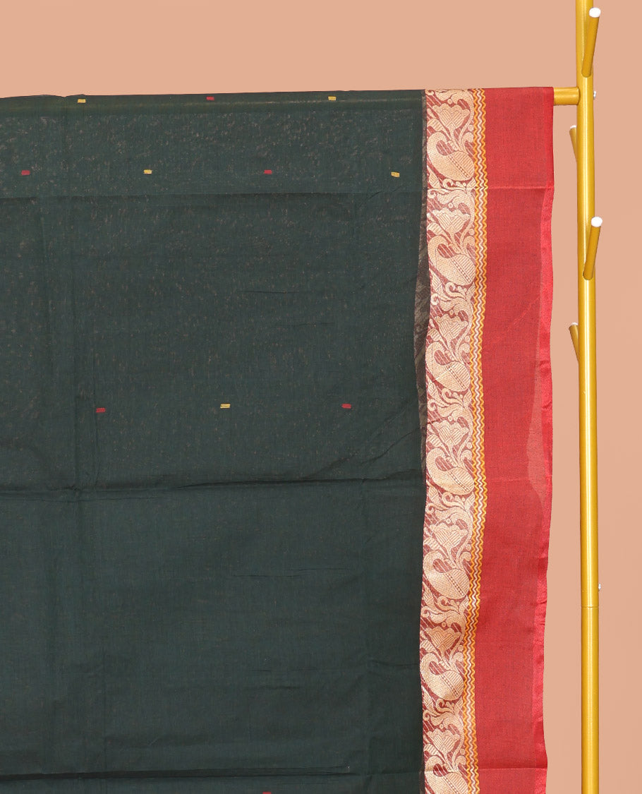 Deep Green Bengal Cotton Saree, Subtly Sparkled with Buttas, a Contrast Floral-Paisley Border, Pallu of Stripes and Buttas, and a Matching Blouse