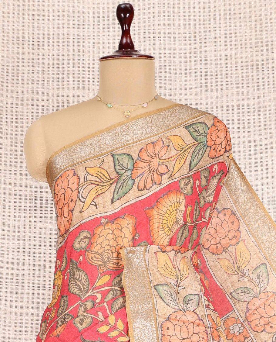 Red Kalamkari Printed Fancy Tussar Saree