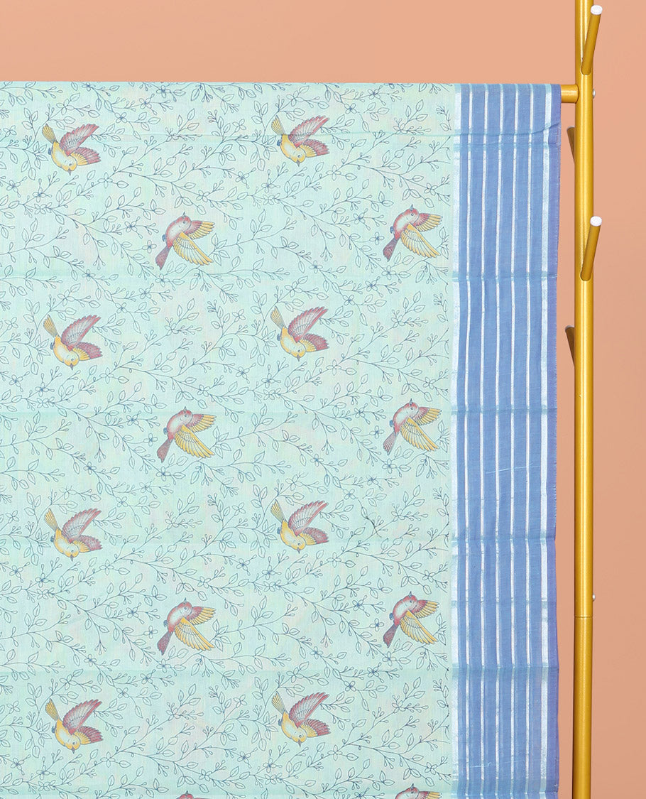 Green Chirala Cotton Saree, Accentuated with Floral-Bird Print, a Contrast Border, Printed Pallu, and a Matching Blouse