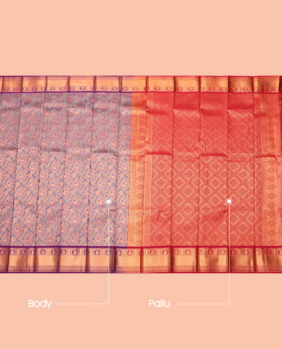 Grey Budget Silk Saree, Spotlighted with Jacquard Design, Contrast Traditional Zari Border, Grand Pallu, and a Contrast Blouse