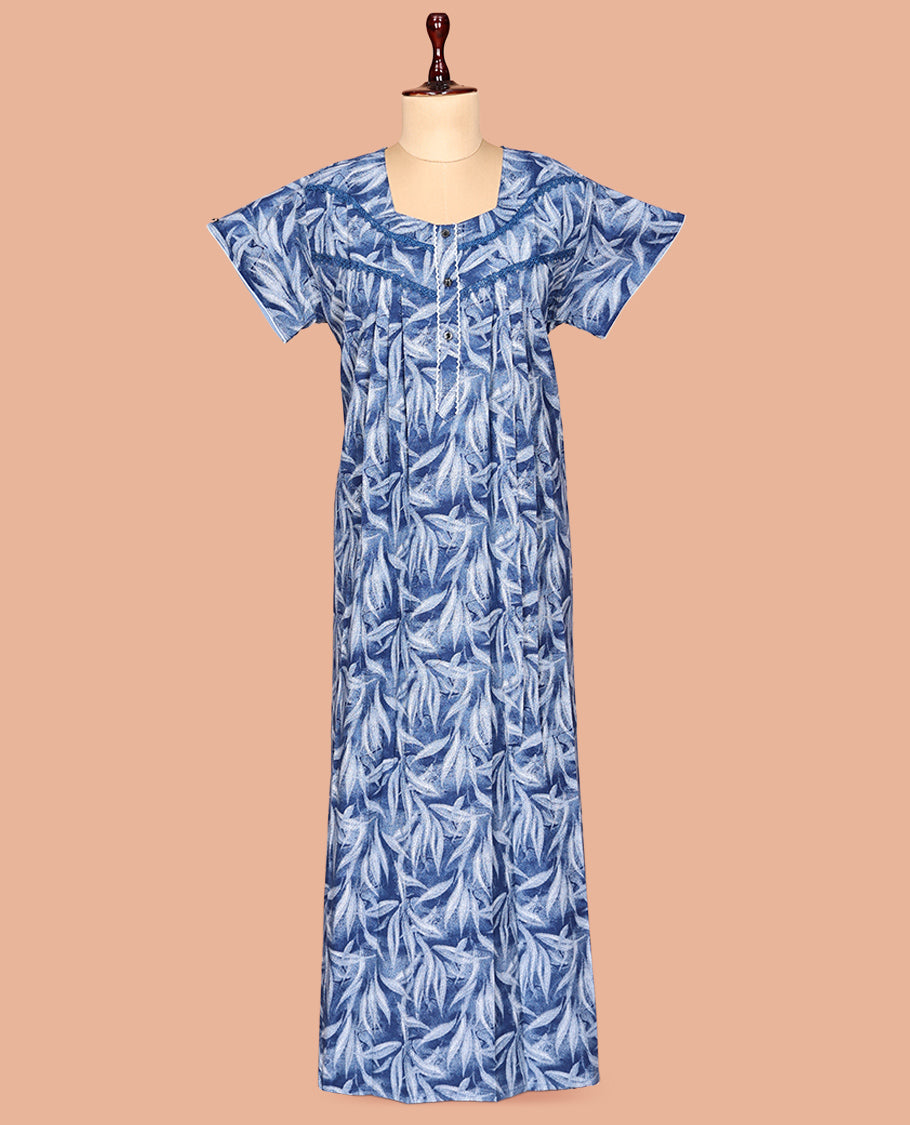 Blue Leaf Print Cotton-Blended Nighty