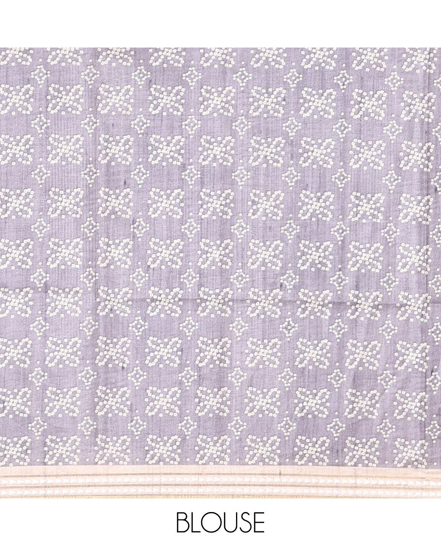Grey Semi-Tussar Saree Featuring Horizontal Stripe Prints, Accentuated by a Subtle Resham Thread Temple-Designed Border, with a Pallu Highlighted by Intricate Circular Motifs, Paired with a Contrast Bandhani Blouse