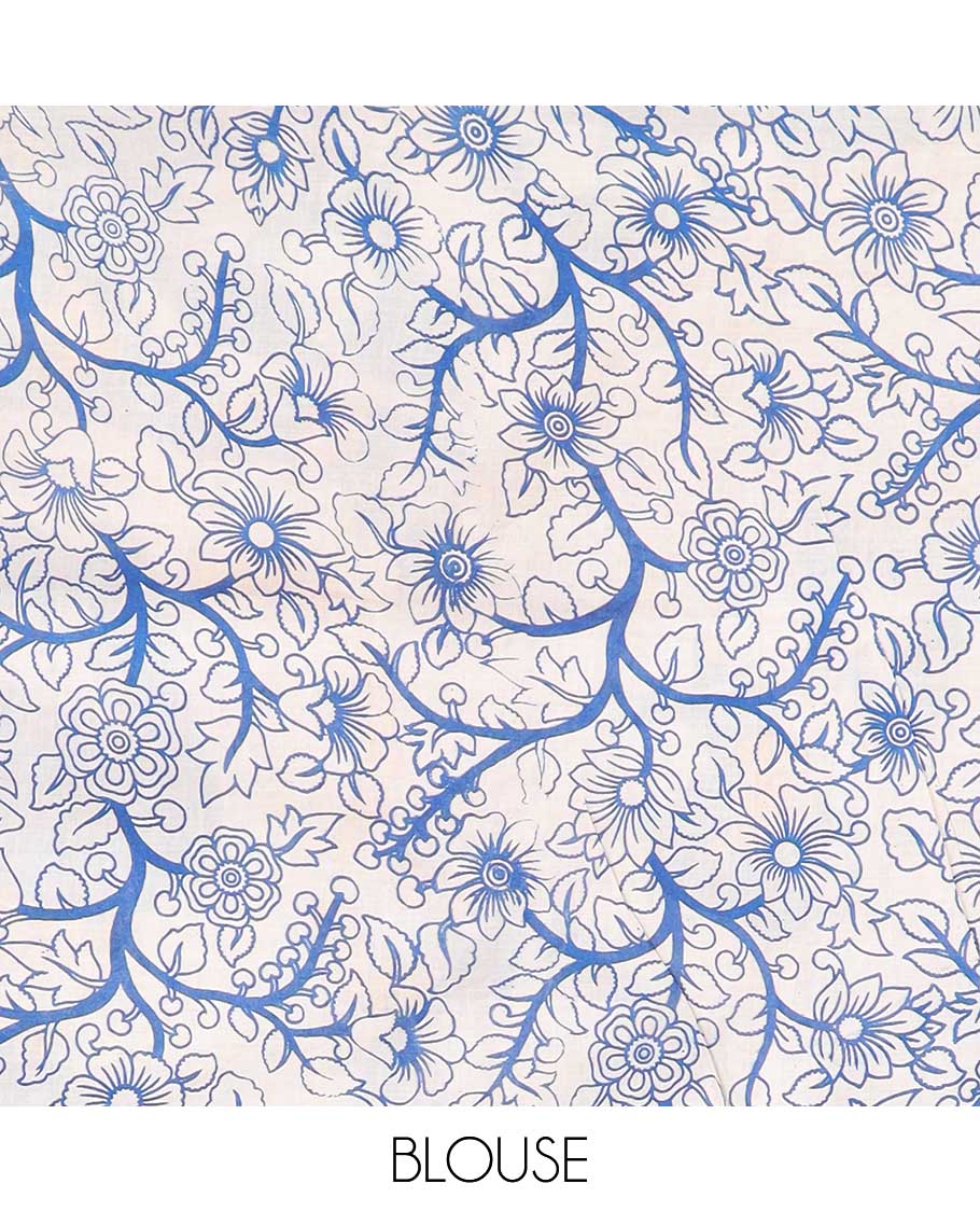 Blue Pichwai cow machine-printed kalamkari cotton saree, uniquely printed border & animal motifs pallu