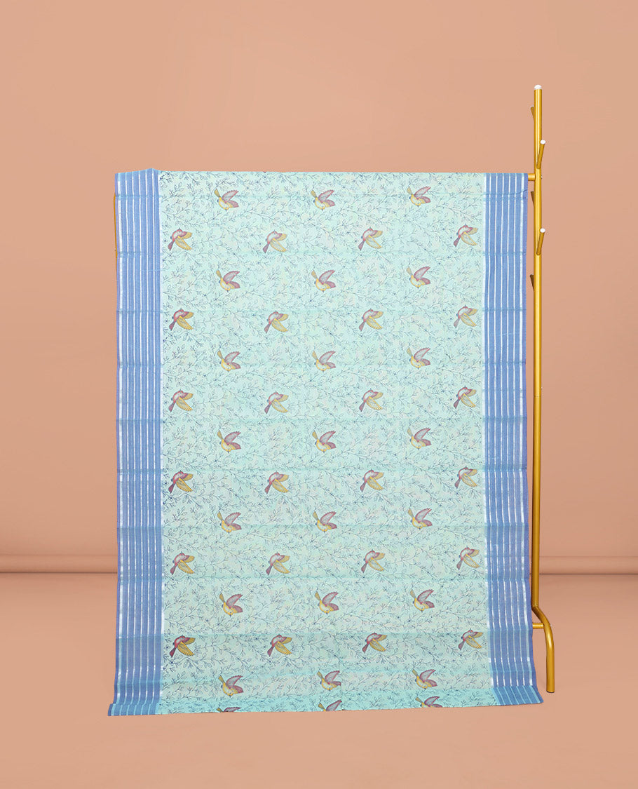 Green Chirala Cotton Saree, Accentuated with Floral-Bird Print, a Contrast Border, Printed Pallu, and a Matching Blouse