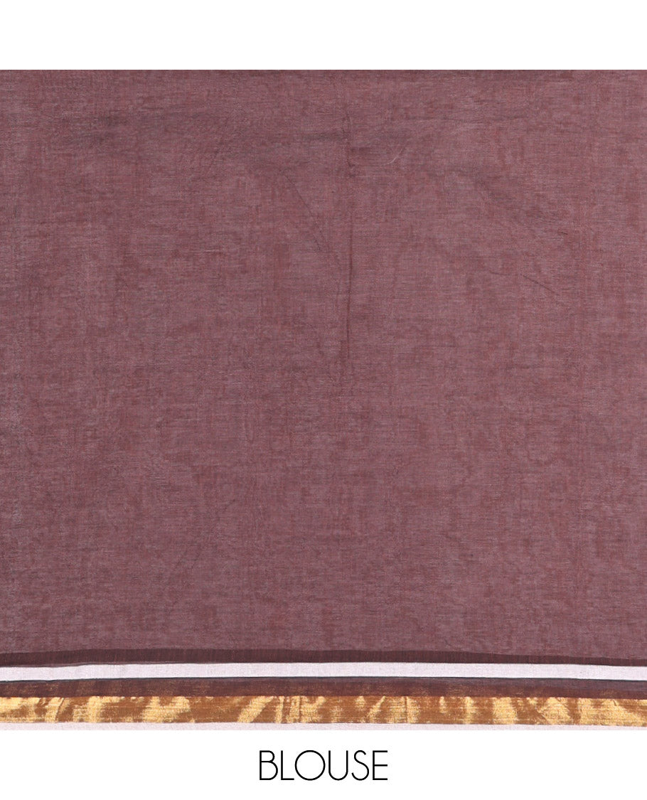 Light Brown and Dark Brown Khadi Mul Cotton Saree, Mesmerized with Double-Color Half-And-Half-Style Jamki Work, Complemented by Contrast Zari Border, and Paired with a Matching Blouse