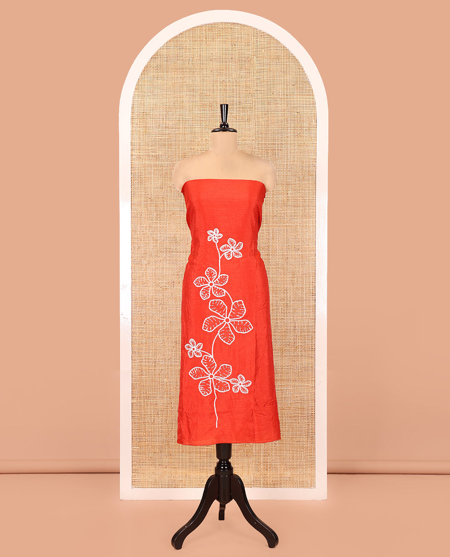 Orange Material Chudidar Set, Delicately Woven with Floral Thread Embroidered Mul Chanderi Top, a Mul Chanderi Bottom, Paired with Floral Thread-Embroidered Mul Chanderi Dupatta