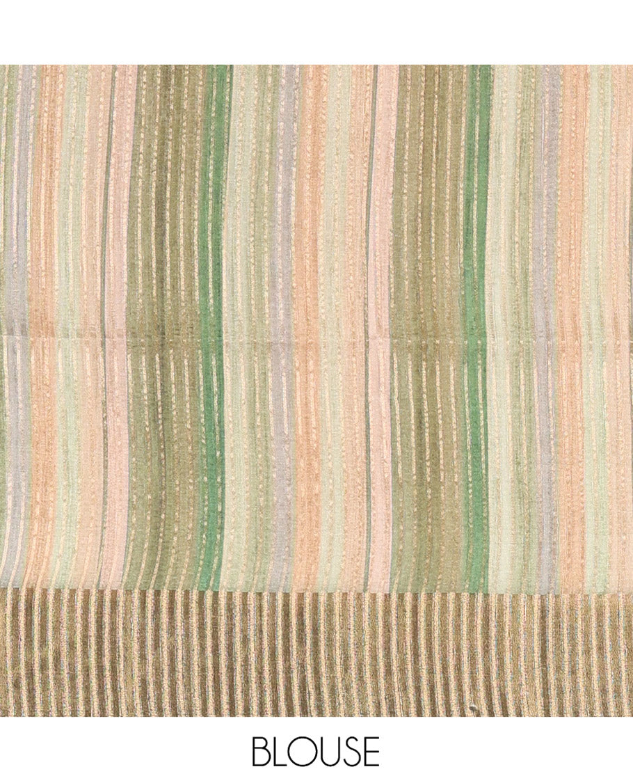 Olive Green Plain Fancy Tussar Saree, Highlighted by a Zari Bavanji Handbrush Painting-Style Striped Border, Striped Pallu, and Paired with a Matching Blouse