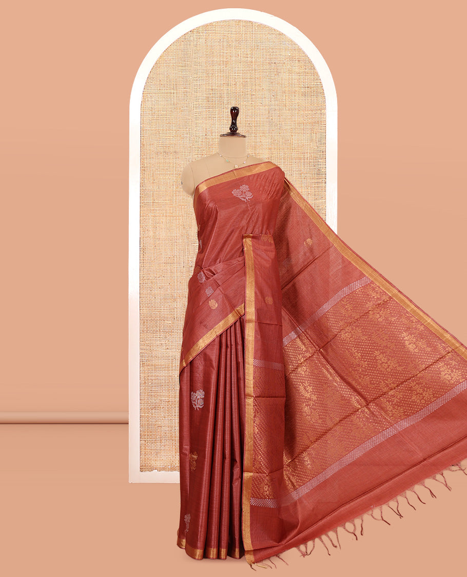 Rust Tussar Saree Featuring Floral Buttas, a Subtle Zari Border, Pallu of Polka Dot and Floral Designs, and a Matching Blouse