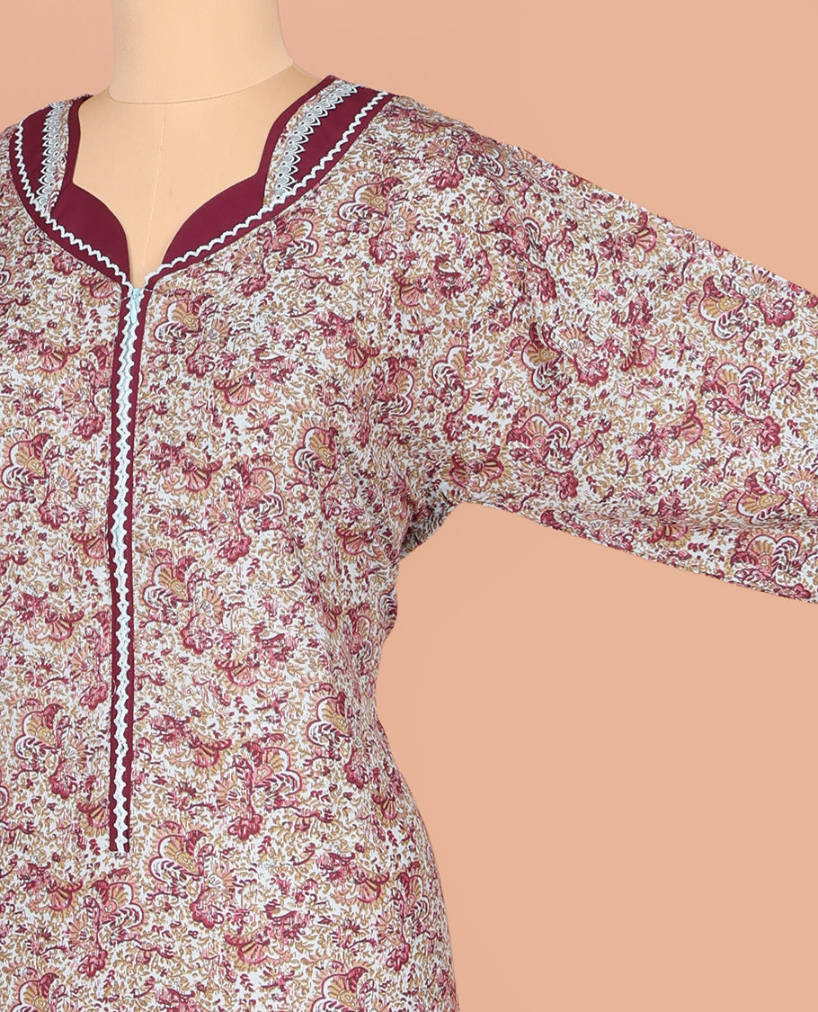 Pale Blue Cotton Nighty Accentuated with Floral Print, Featuring Lace Work, Sweet-Heart-Style Front Neck, and 3/4th Sleeves