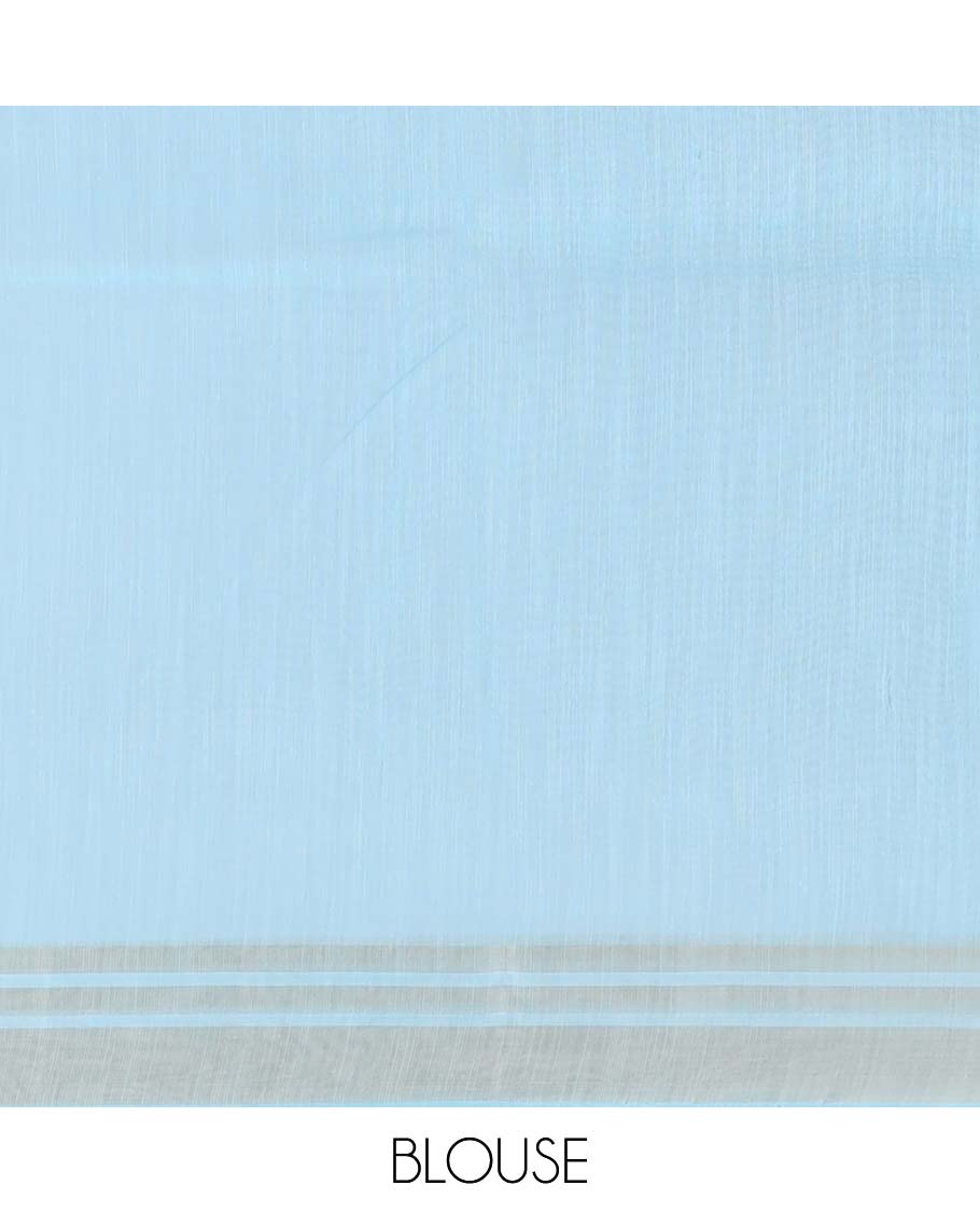 Blue intricately printed budget cotton saree, plain border & intricate pallu