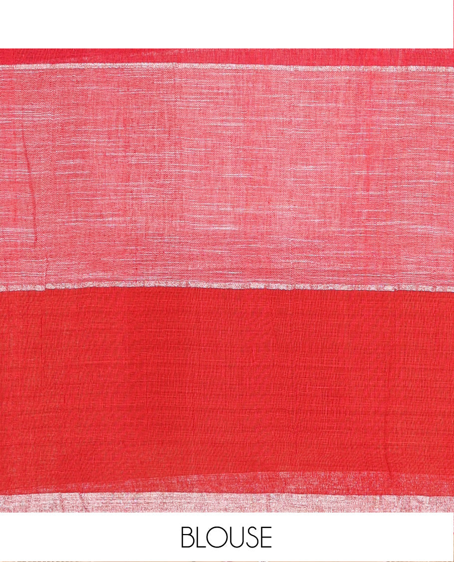 Red and Pink Zari Checked Khadi Linen Saree, Subtly Woven Silver Zari Piping Border, Pallu Steeped with Silver Zari Stripes, and Comes with a Matching Blouse