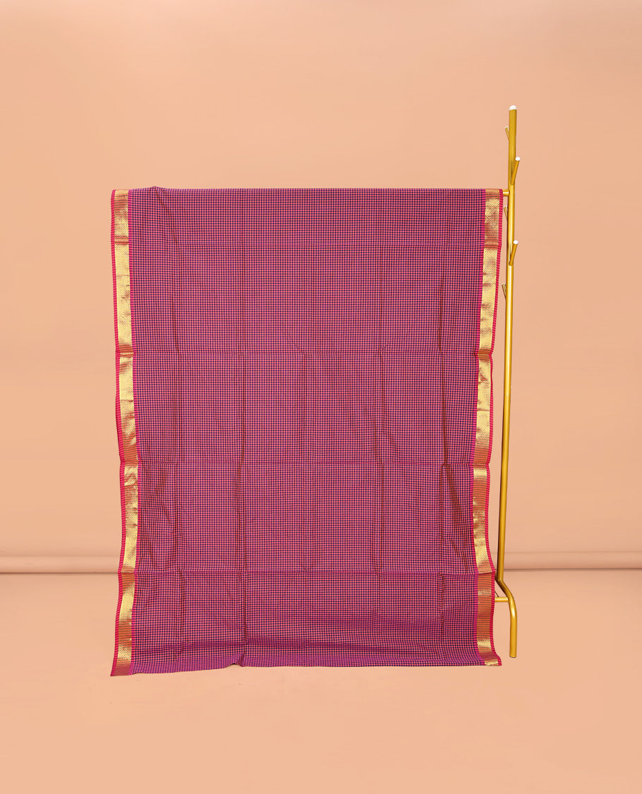 Pink Micro-Checked Poly Cotton Saree, Complemented by a Contrast Zari Border, Contrast Striped Pallu, and Paired with a Contrast Blouse