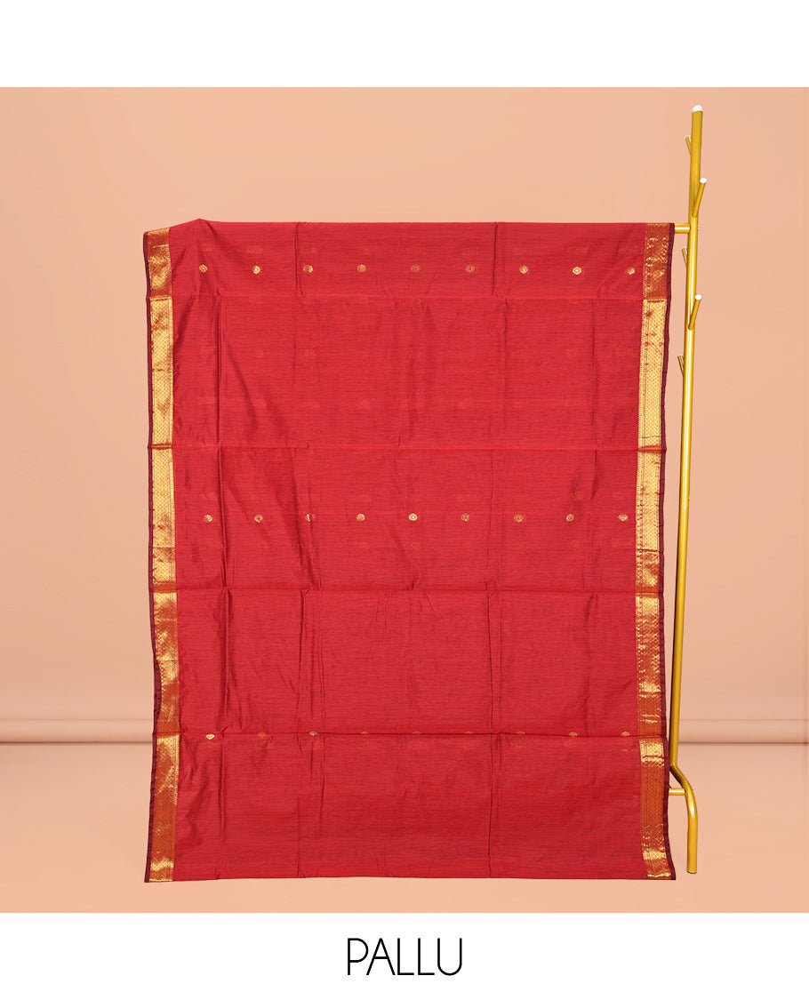 Red Maheshwari Cotton Saree, Decked Up with Buttas All Over Its Body, Highlighted by Zari Traditional Border, Complemented by a Contrast Pallu Steeped with Buttas, and Paired with a Contrast Blouse