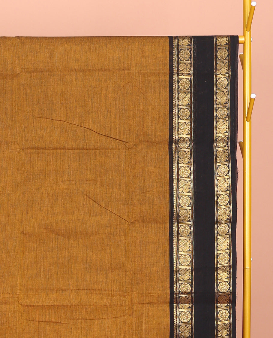 Mustard Plain Chettinad Cotton Saree, Contrast Rettai Pettu Peacock-Chakram Border, Striped Pallu, and a Matching Blouse