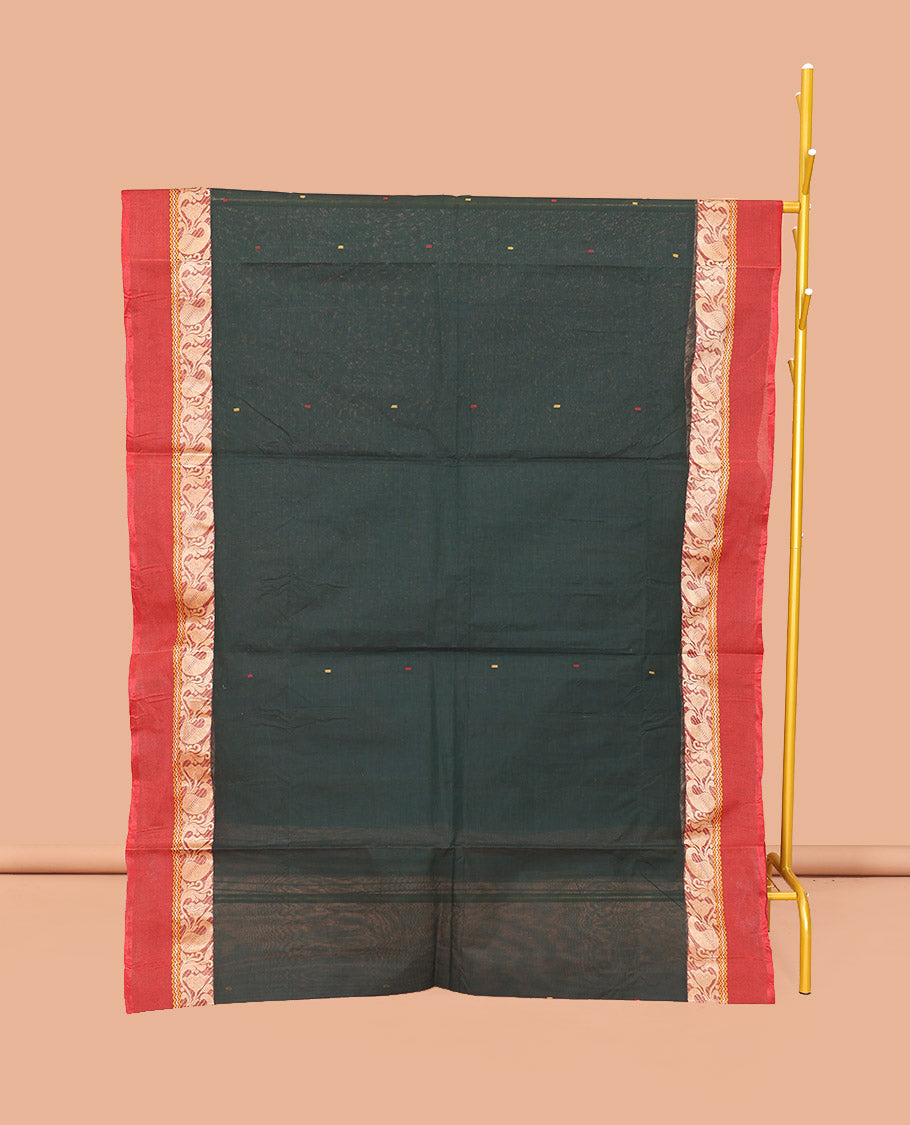 Deep Green Bengal Cotton Saree, Subtly Sparkled with Buttas, a Contrast Floral-Paisley Border, Pallu of Stripes and Buttas, and a Matching Blouse