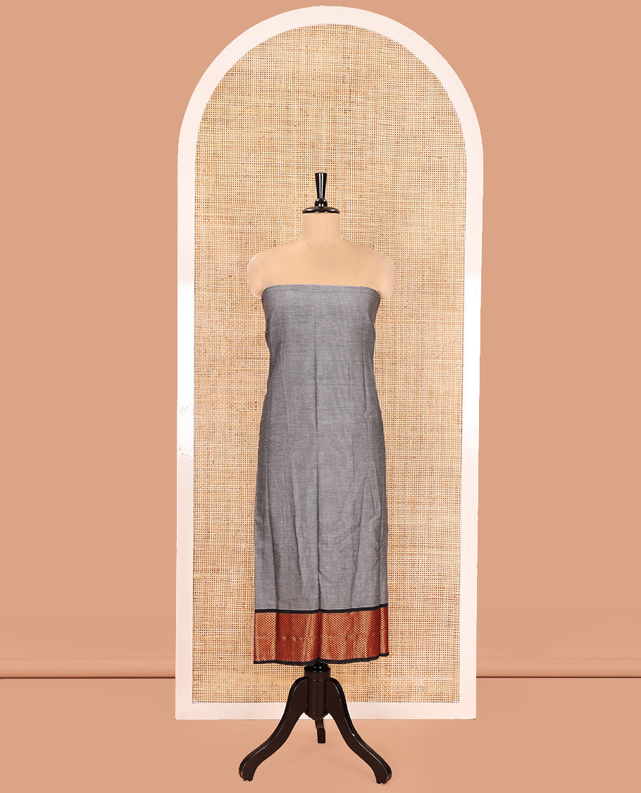 Grey Mercerised Cotton Material Churidar Set, Subtly Made with Plain and Traditional Ara Maadam Bordered Top, Comes with a Plain Mercerised Cotton Bottom, and Is Paired with a Mercerised Cotton Ara Maadam Woven Dupatta
