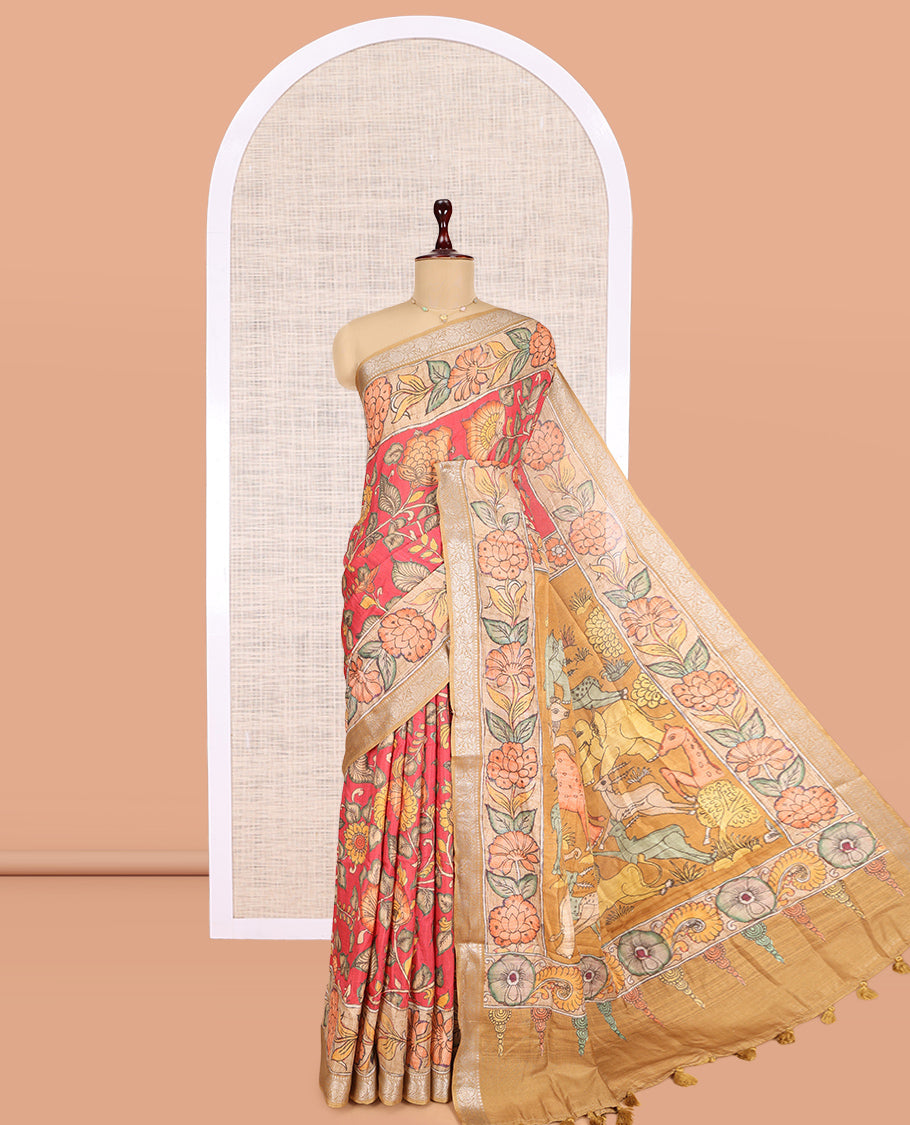Red Kalamkari Printed Fancy Tussar Saree