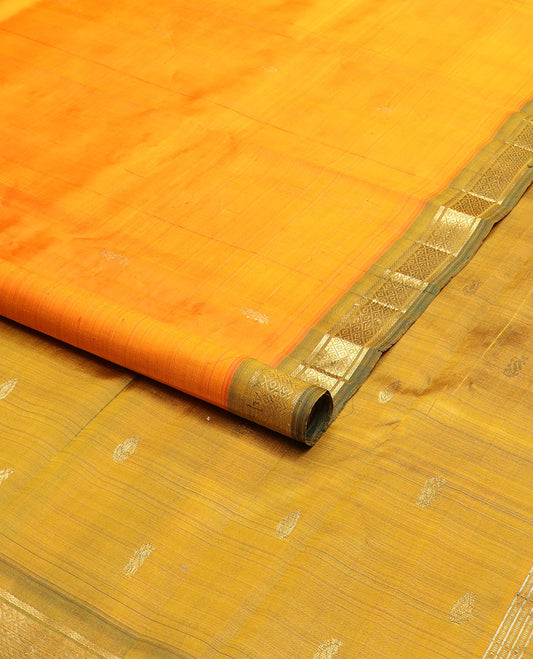 Yellow zari buttas kanchipuram silksaree, contrast one-sided border of banaras & mayil kann & zari design pallu