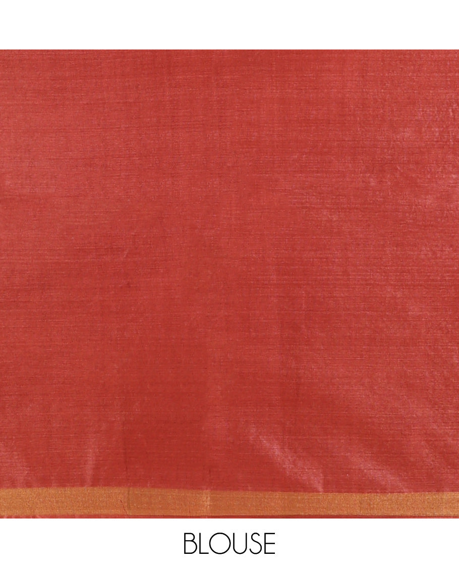 Rust Tussar Saree Featuring Floral Buttas, a Subtle Zari Border, Pallu of Polka Dot and Floral Designs, and a Matching Blouse